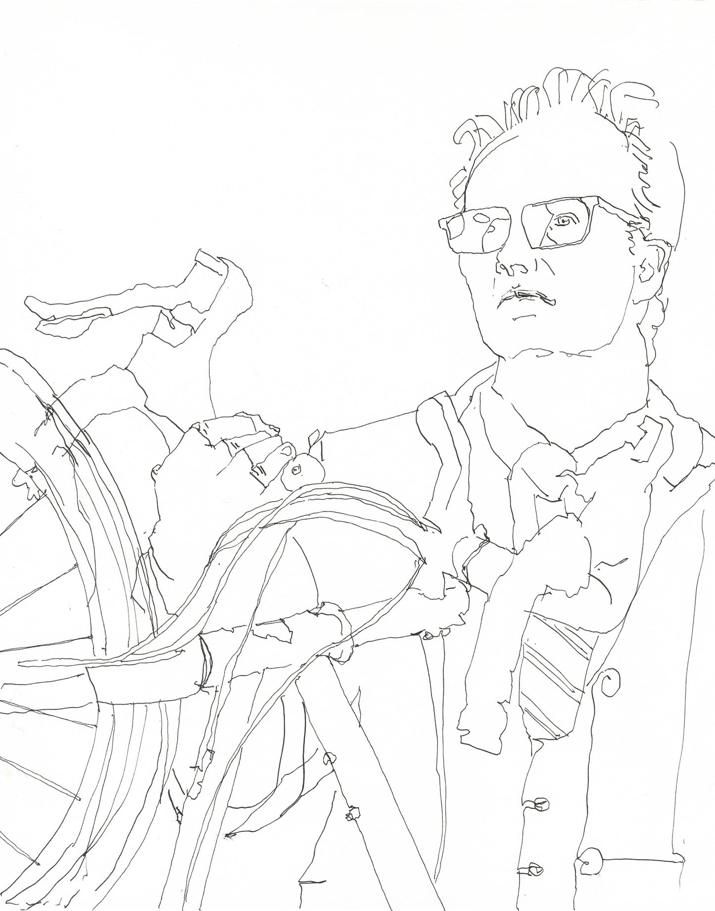 Clive Holding Bike in Pen and Ink