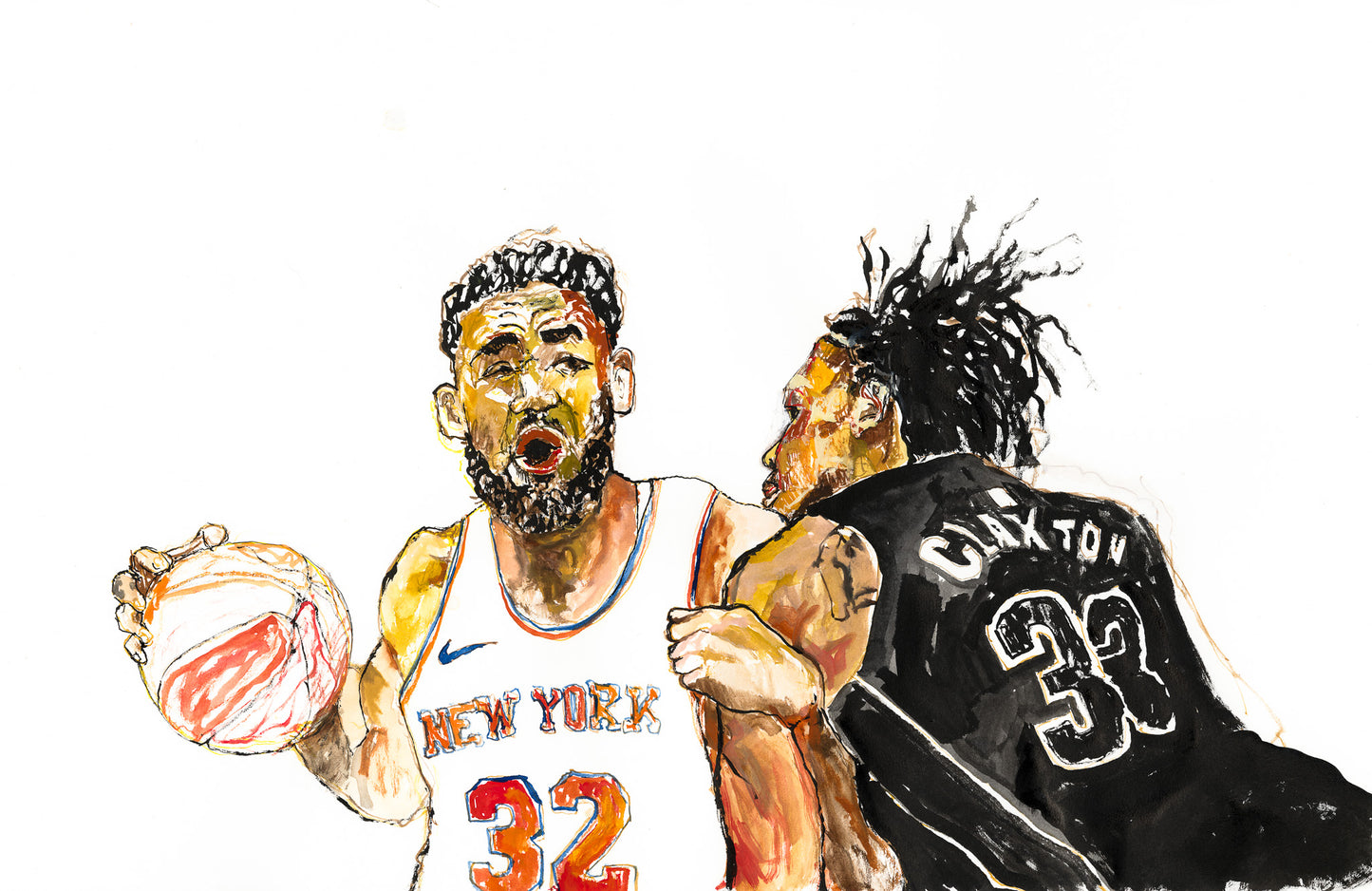 A brush-and-ink artwork titled 'The Hook,' featuring Karl-Anthony Towns and Nic Claxton during a physical Nets vs. Knicks game moment.