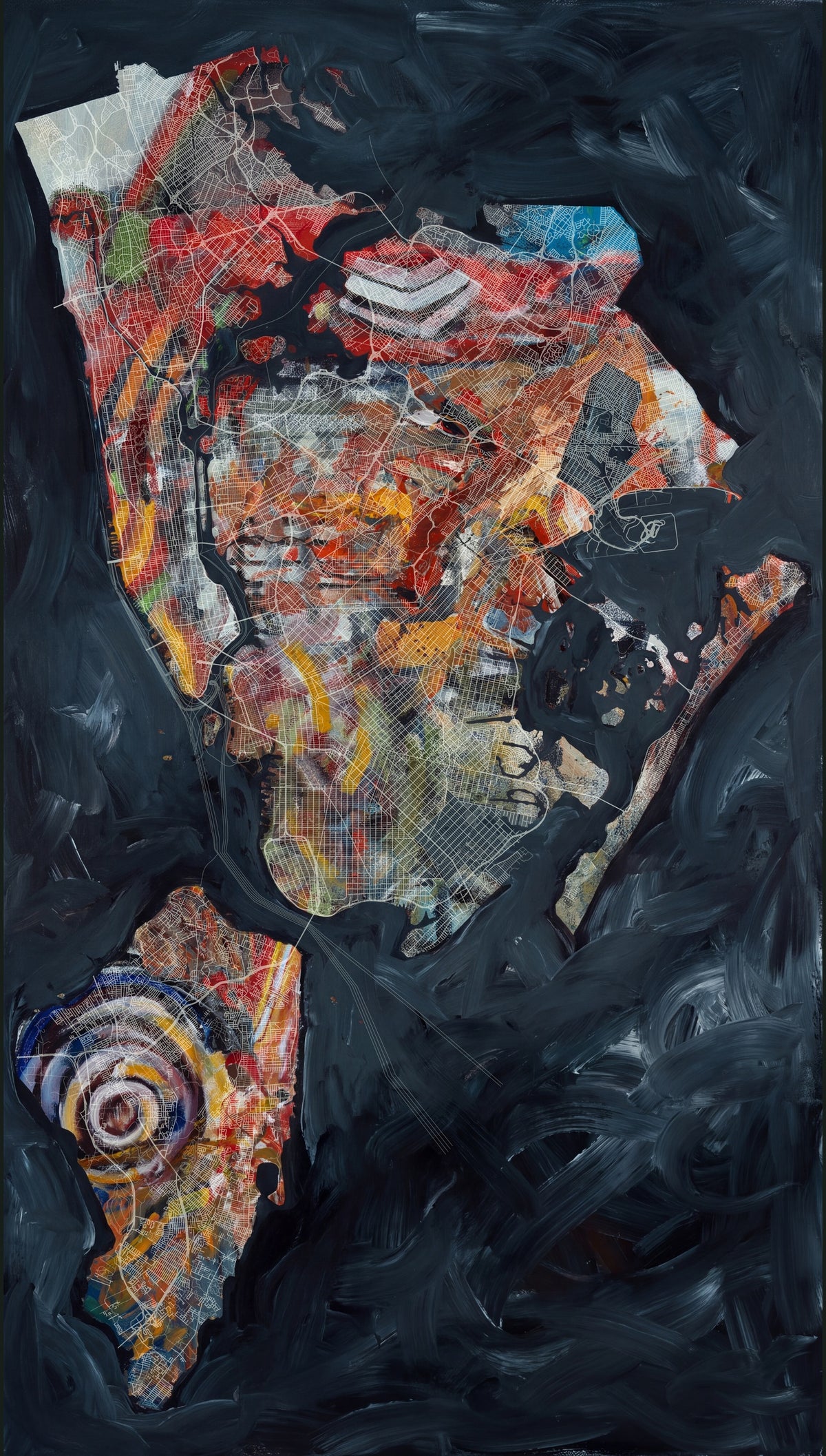 White streets cross red, ochre, and gray boroughs; dark blue channels and a circular Staten Island passage shape the composition.
