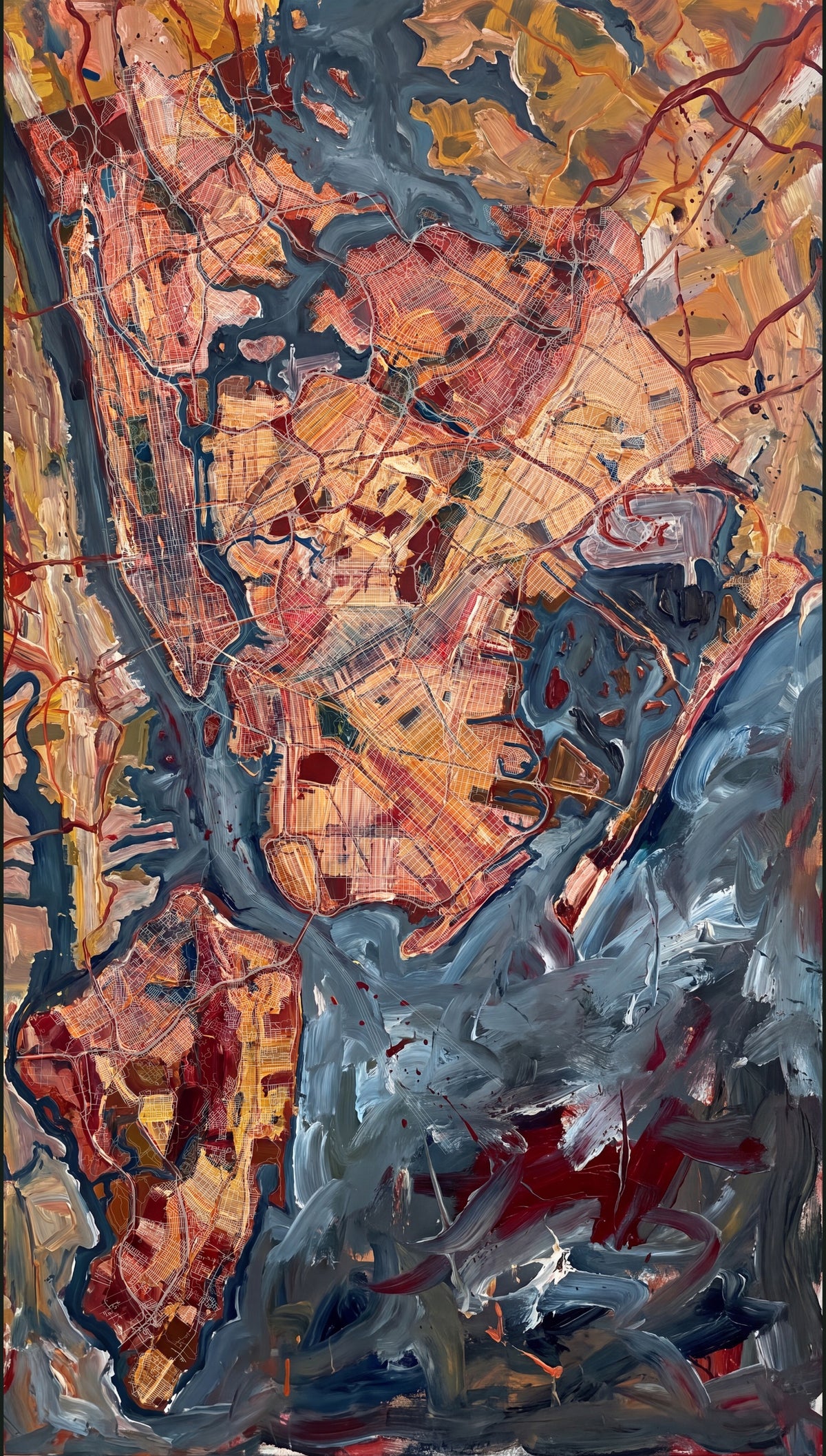 Warm coral and ochre boroughs meet slate blue channels, pale street grids, and burgundy strokes extending into the surrounding land.
