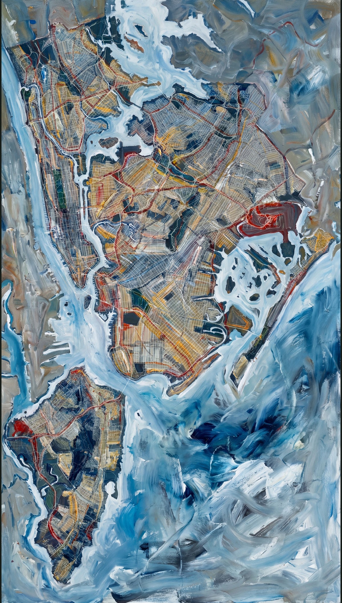 Pale blue and white water surrounds dark boroughs, giving the harbor room beside the city's fine streets and red painted marks.