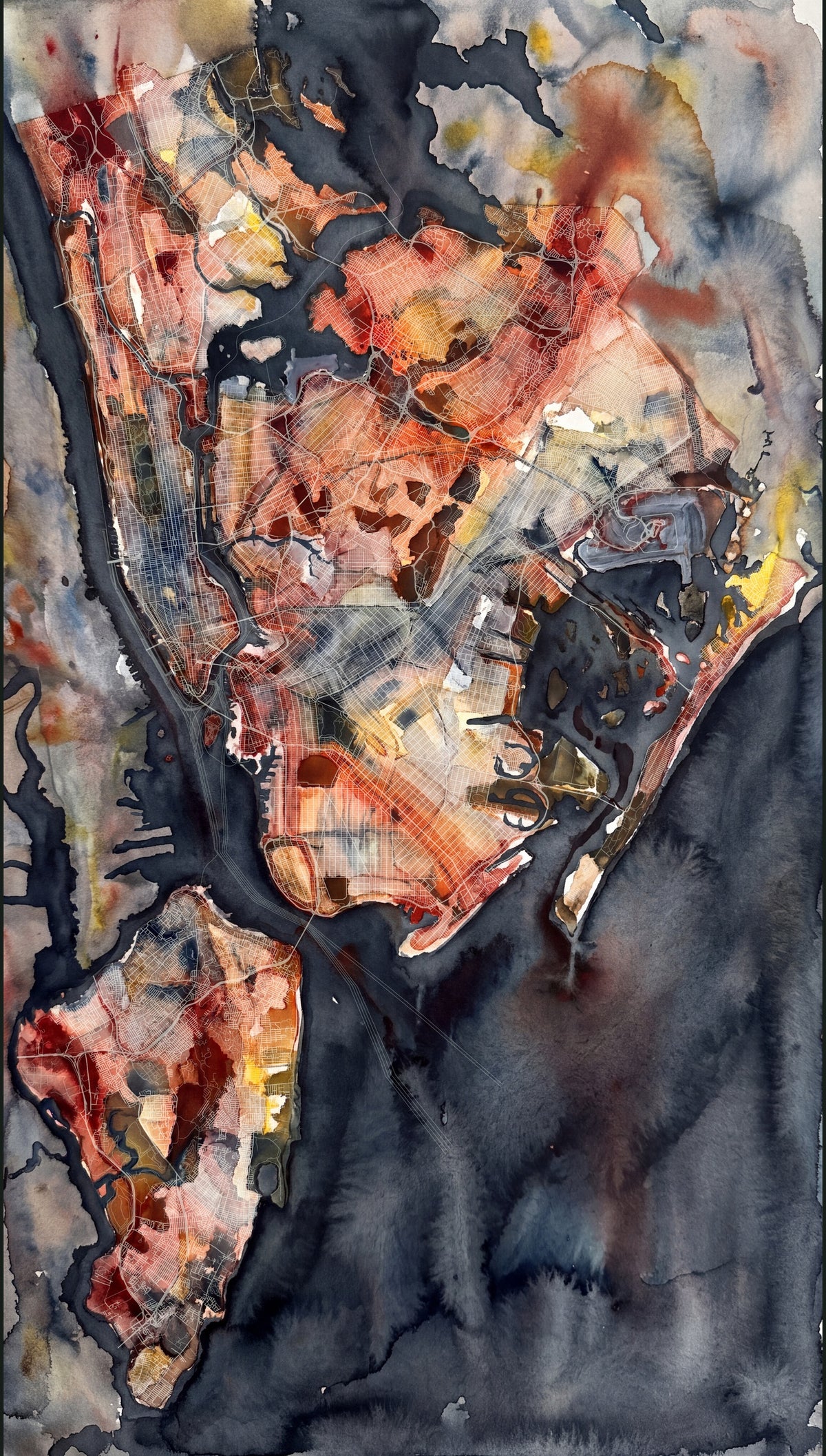 Coral and ochre washes carry a delicate street network, framed by charcoal blue water and soft, uneven painted edges.