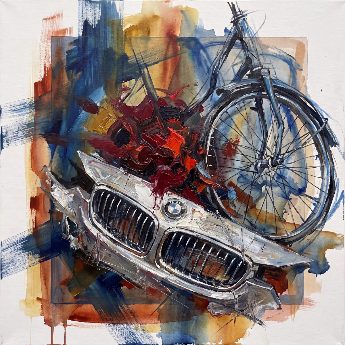 Square artwork with a large bicycle wheel at upper right, a diagonal silver vehicle grille below, and a dense red-orange knot over layered blue, ochre and rust color fields.