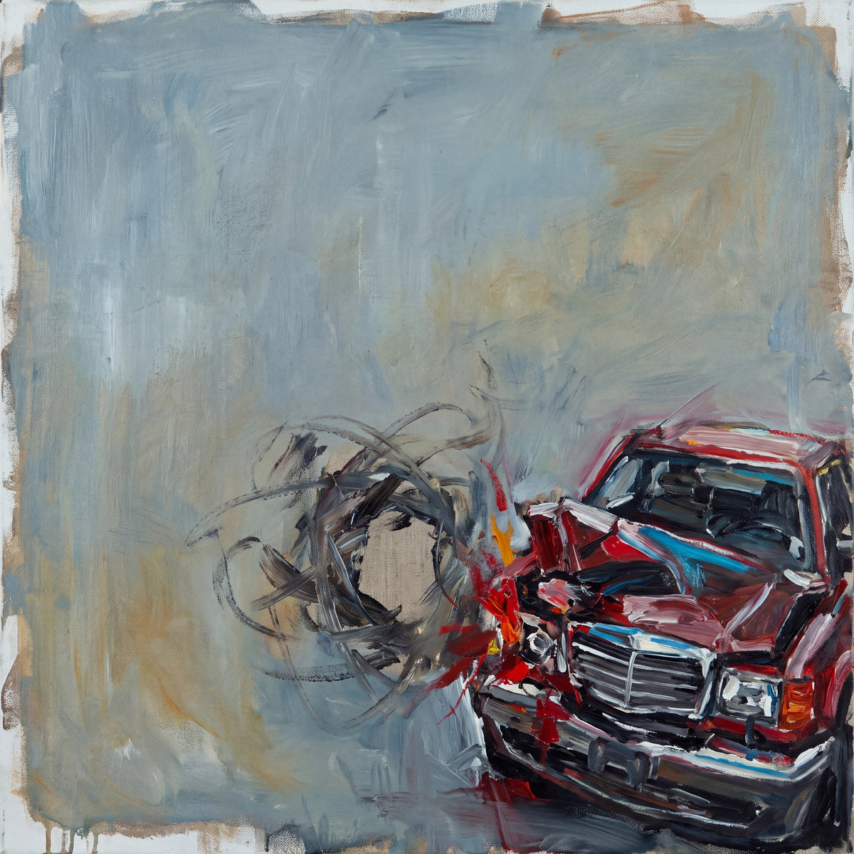 Square artwork with a red vehicle compressed into the lower right, looping black and gray marks beside it, and a broad pale blue-gray field with ochre passages.