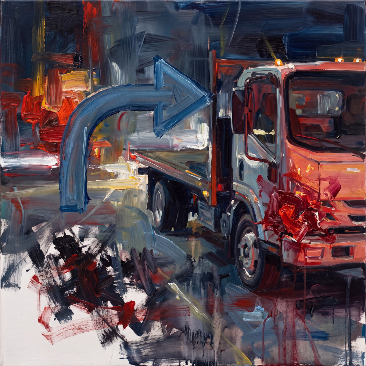 Square artwork with a large curved blue arrow across the center, a flatbed truck on the right, dark navy street forms, and broken black, white and red marks at lower left.