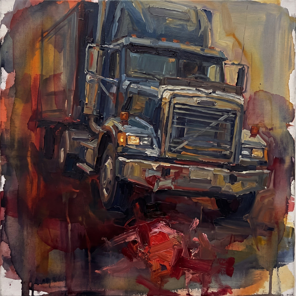 Square artwork dominated by a frontal truck cab and barred grille, framed by rust and ochre fields, with a smaller red-pink cluster beneath the bumper.