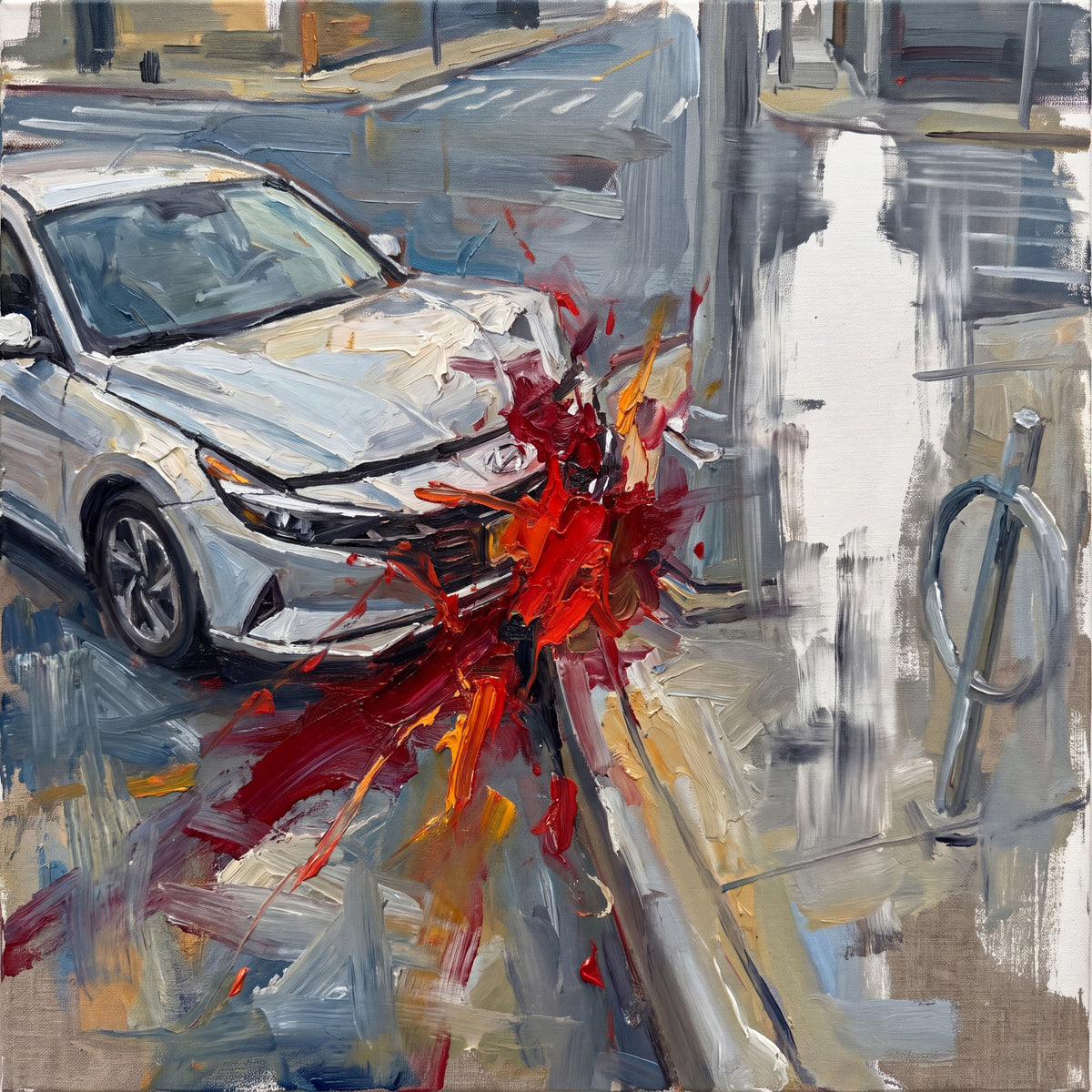 Square artwork with a silver car on the left, red and orange strokes across its front, blue-gray street forms, and a tall white reserve beside a curb on the right.