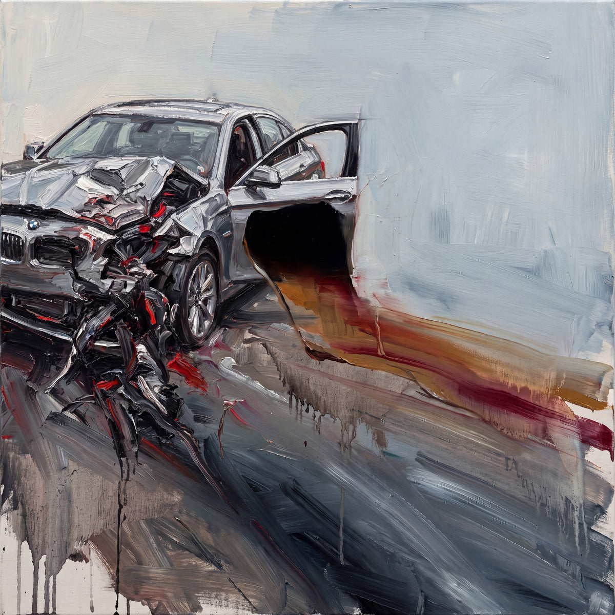 Square artwork with a damaged silver car compressed to the left, an open door with a black interior, a large pale blue field on the right, and trailing ochre, burgundy and gray strokes.
