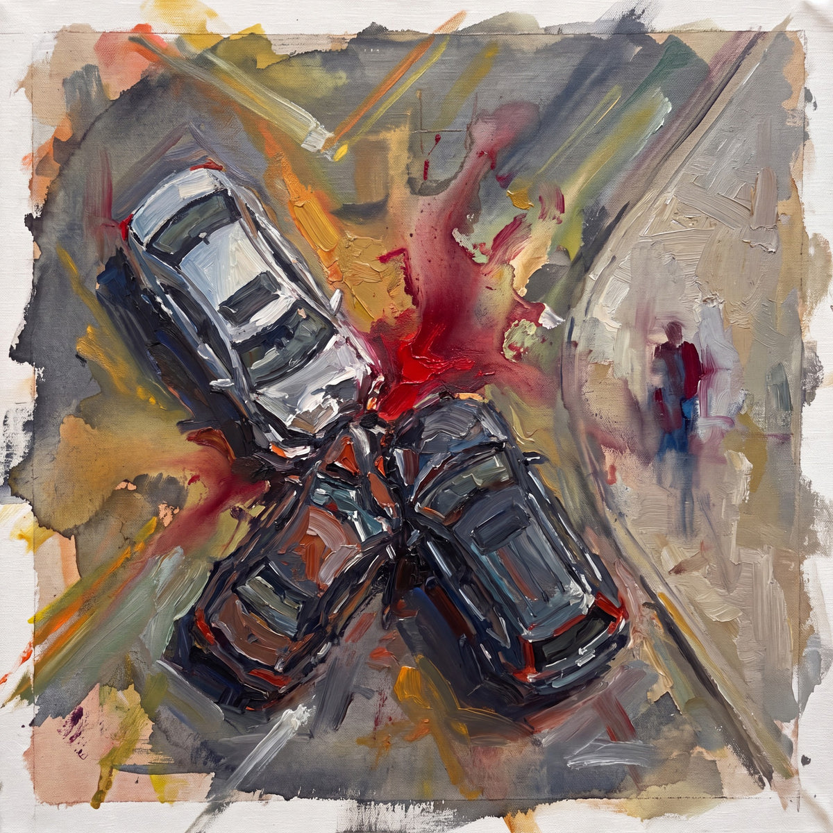 Square artwork viewed from above, with three pale and dark vehicle forms converging at a red center, diagonal yellow-orange strokes, and a pale curved strip along the right edge.