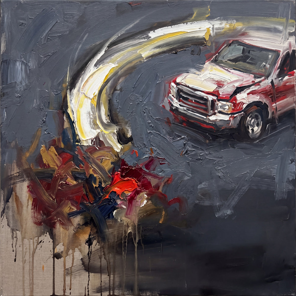 Square artwork on a dark gray field with a red-and-white SUV at upper right, a sweeping white-yellow curved mark, and red, ochre and black strokes with drips at lower left.