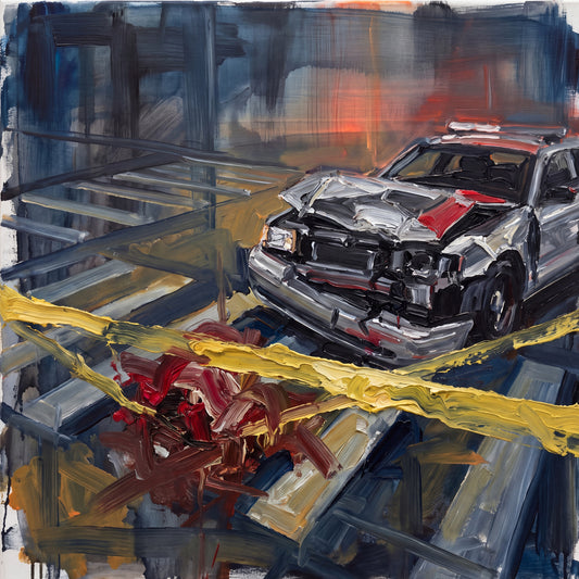 Square artwork with a silver vehicle at upper right, dark blue intersecting bars, two thick yellow strokes across the foreground, and a burgundy cluster below.