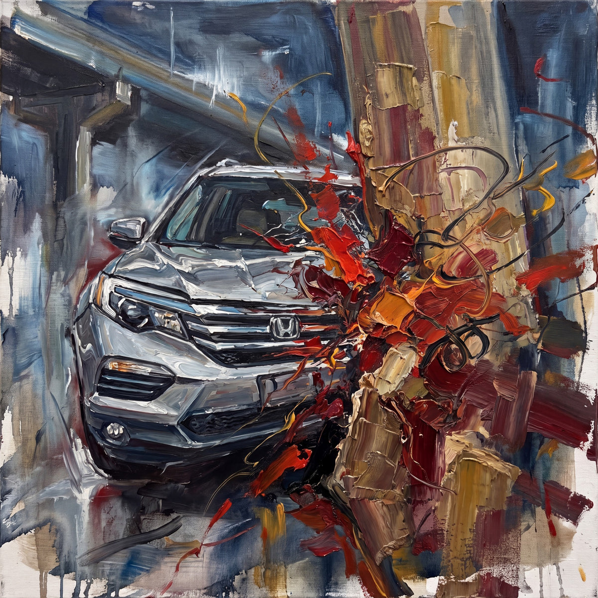 Square artwork with a frontal silver SUV on the left, a tall ochre vertical form on the right, and red-orange strokes and looping lines at their meeting point against a blue-gray field.