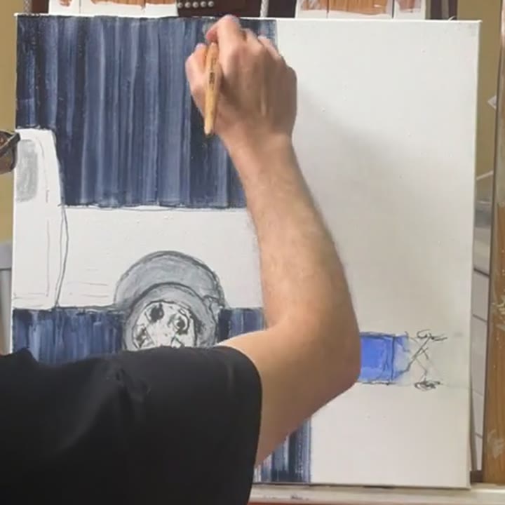 An early stage of Cellie’s painting, with the white truck and blue stroller against a partly painted dark ground.