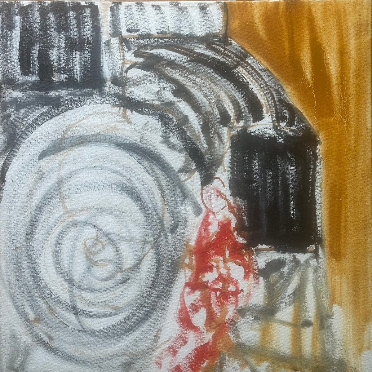 Carolyn’s first oil layer: a pale wheel, dark grille, small red figure, and ochre ground.