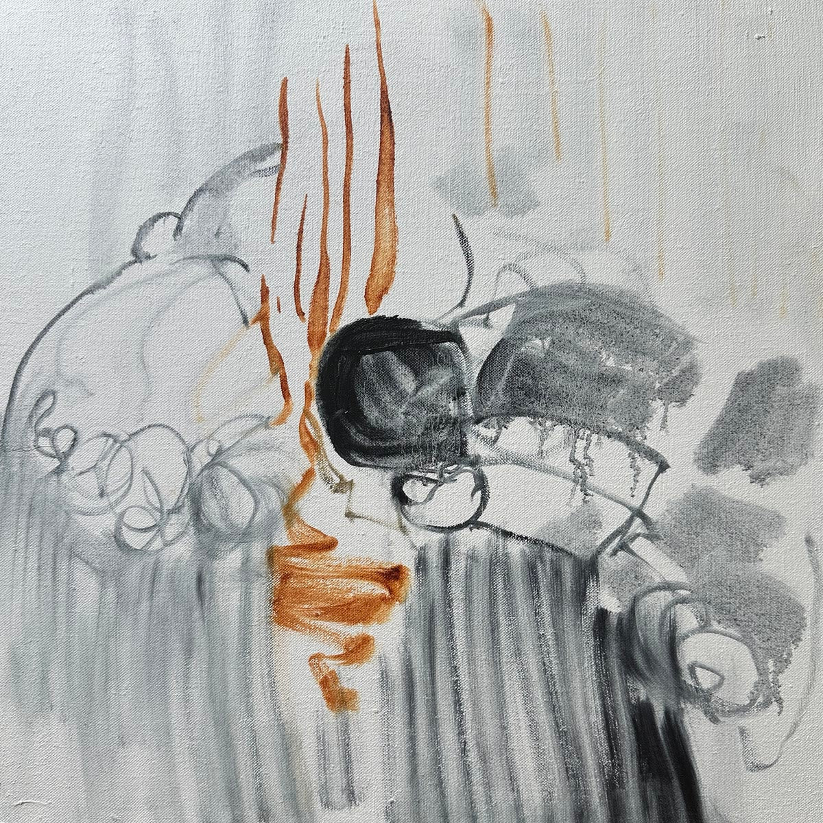 Arturo’s first oil wash: pale vehicle contours, a black central mass, and thin burnt orange marks.