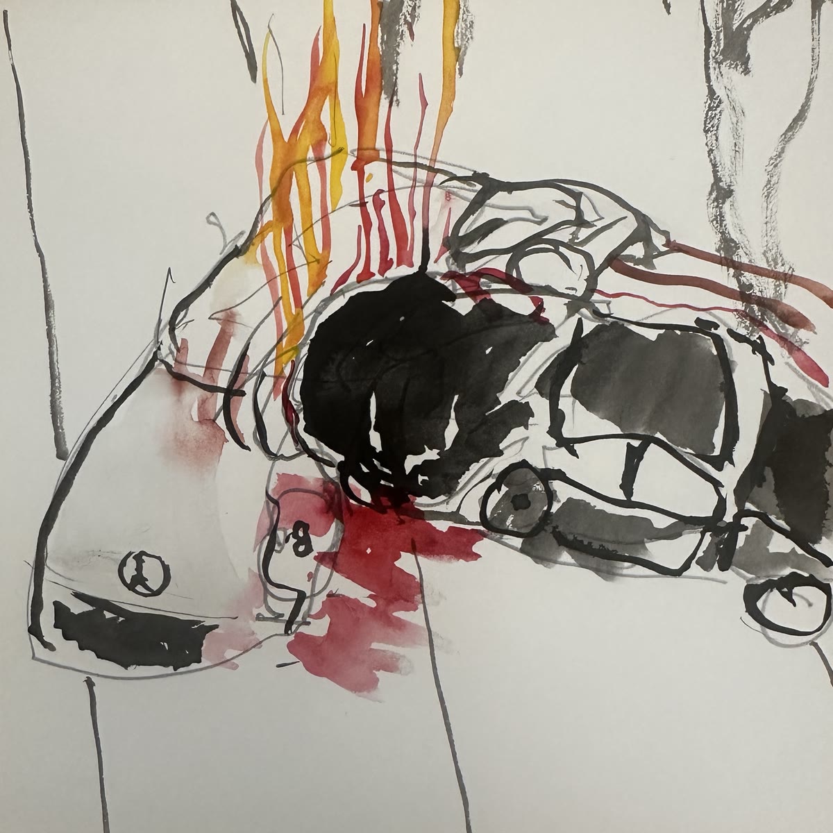 Arturo’s ink and wash composition study, with compressed black vehicles and red and orange fire marks.
