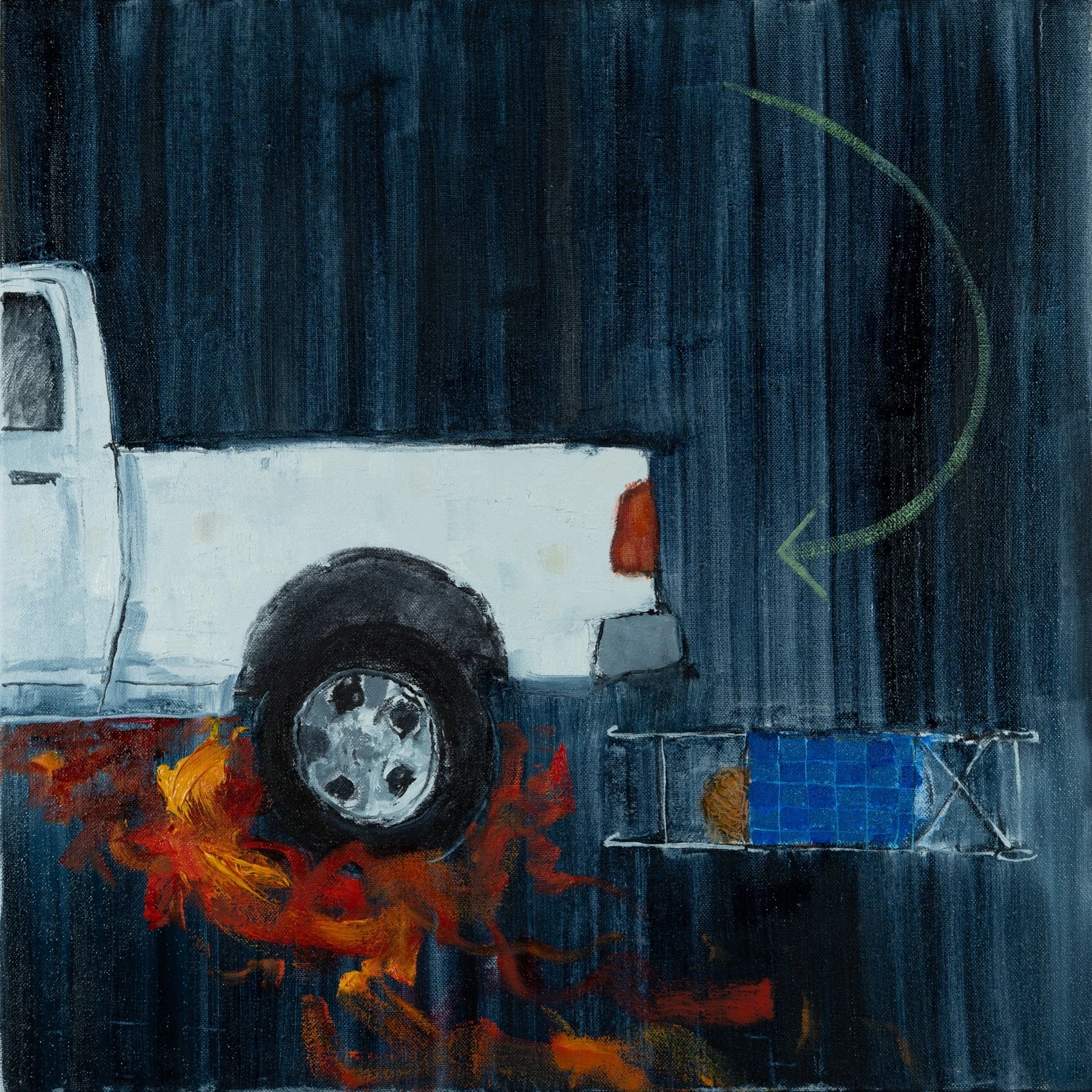 1,104 Feet from Here: a white pickup, a blue stroller, and red and yellow marks against a deep blue ground.