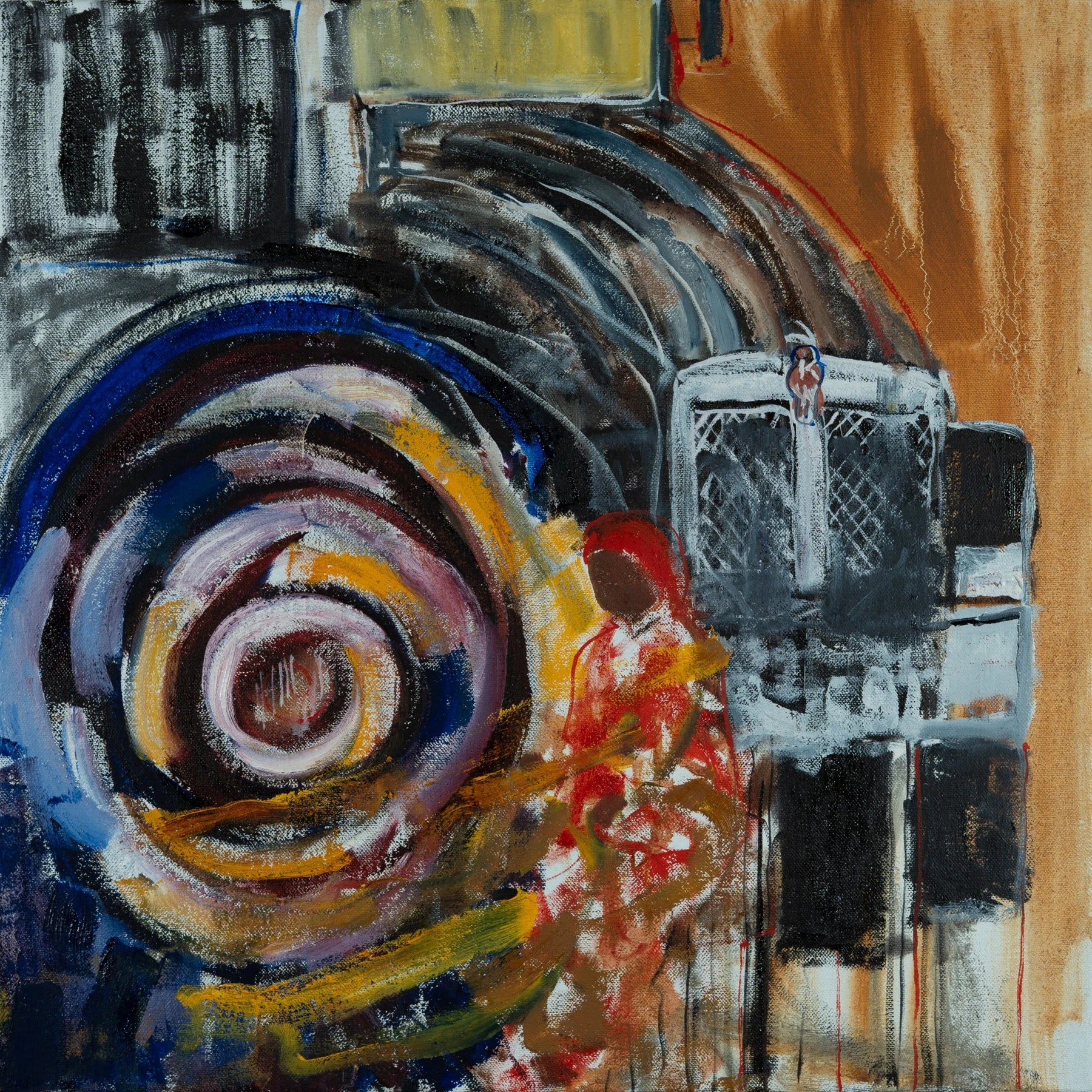 1,924 Feet from Here: a small red and yellow figure beside an immense turning wheel and truck, painted in layered blue, black, white, and ochre marks.