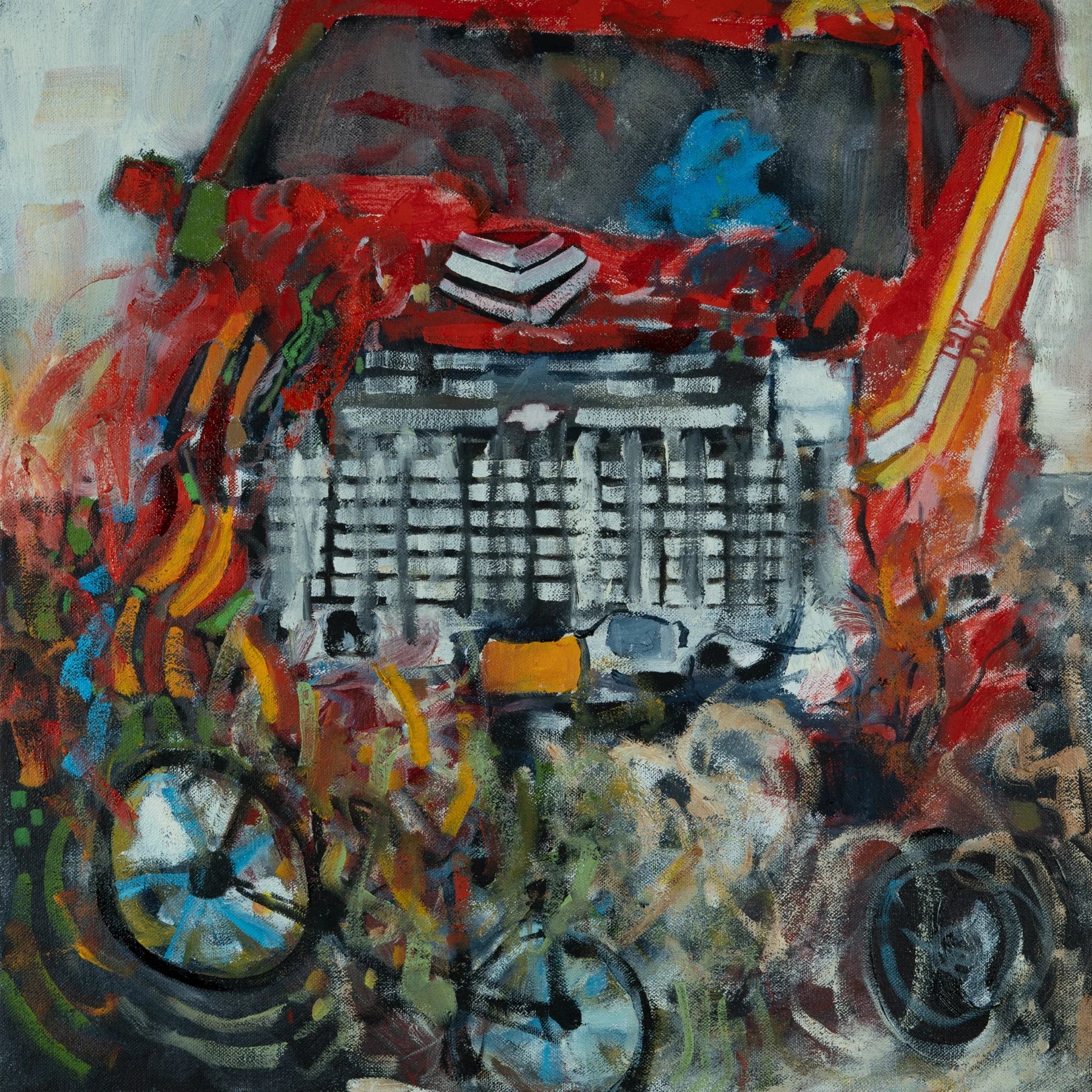 258 Feet from Here: a red truck grille above overlapping bicycle wheels and loose red, yellow, and blue painted marks.